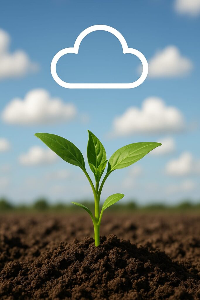 Green plant in soil under cloud icon representing pre-production farming IT solutions